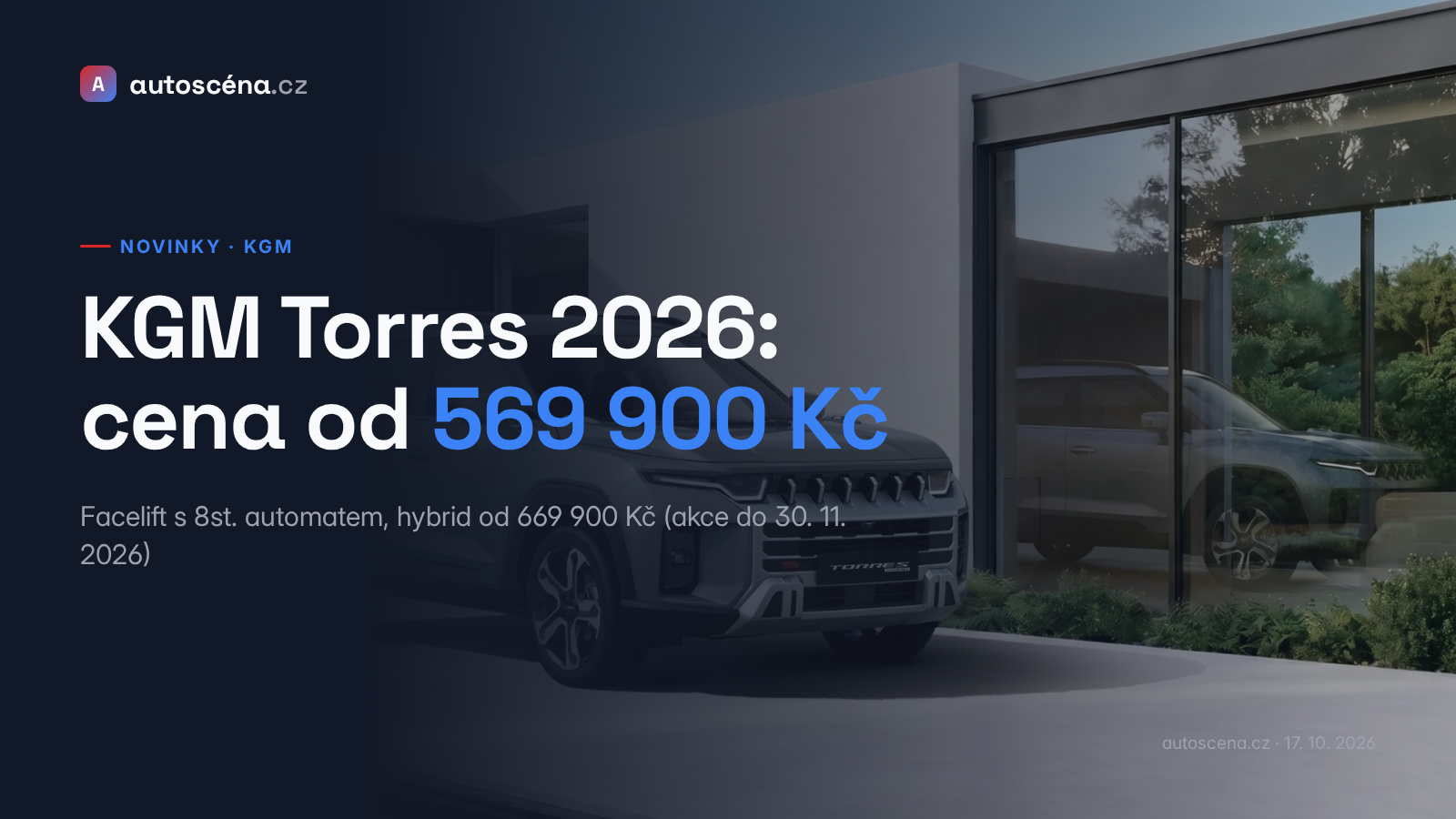 KGM Torres 2026 cena: facelift od 569 900 Kč, hybrid 669 900