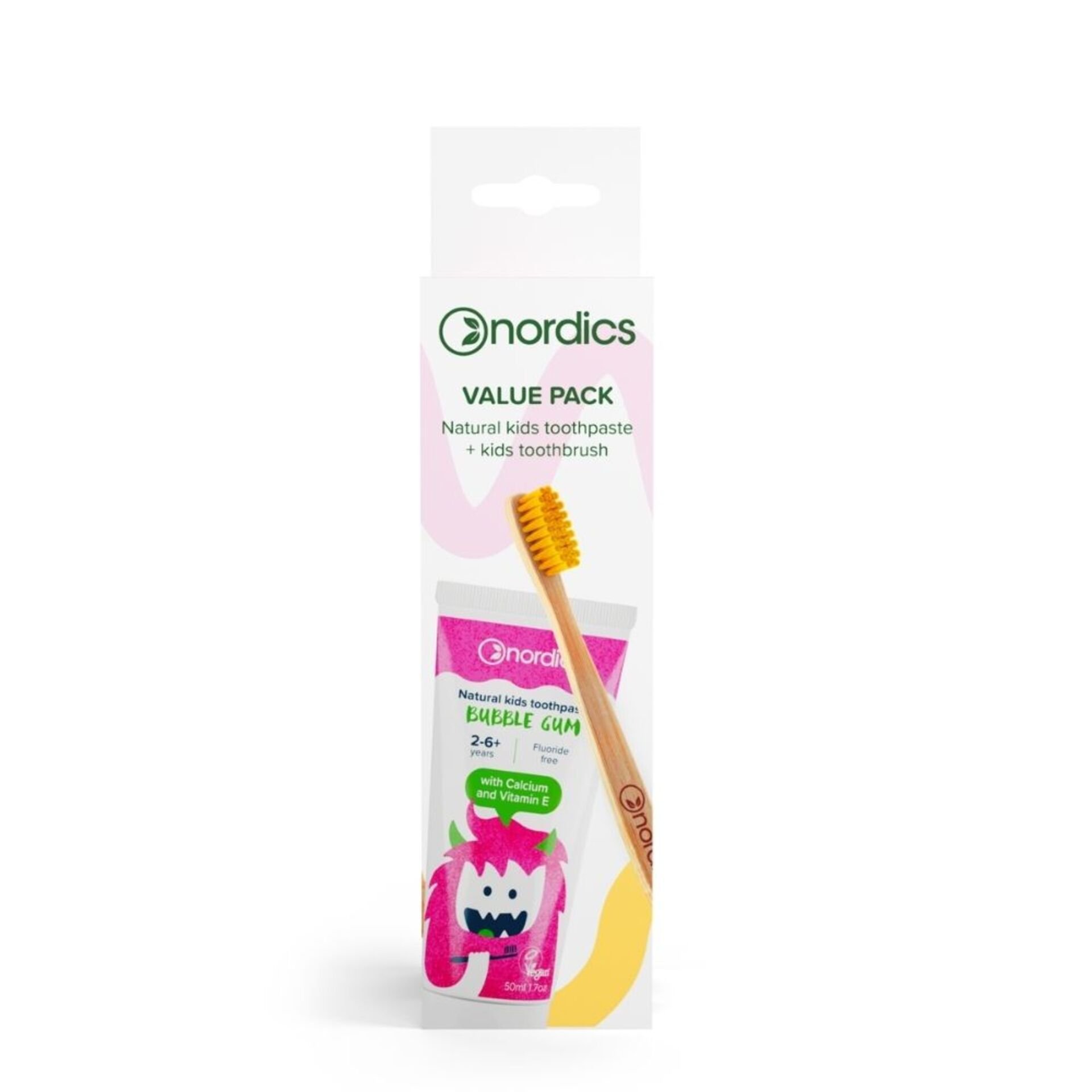 Nordics Sada - dětská zubní pasta bubble gum + žlutý bambusový kartáček