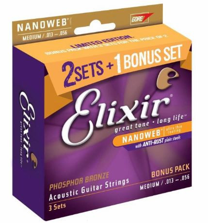 Elixir 16546 Nanoweb Phosphor Bronze Medium (13-56) 3-pack 2+1 zdarma