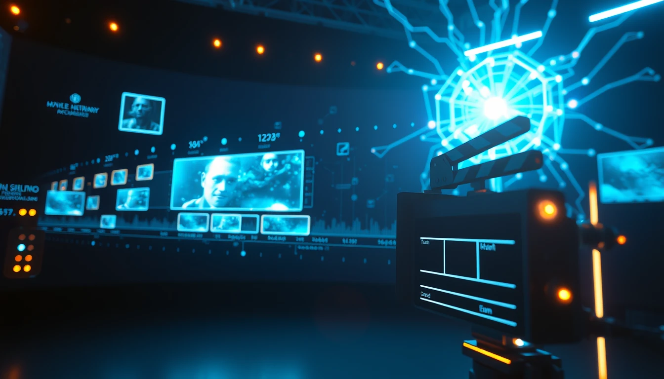 Ukázka generování filmového AI videa v prostředí moderního editoru s tmavým rozhraním, světelnými akcenty a střihovou stopou.