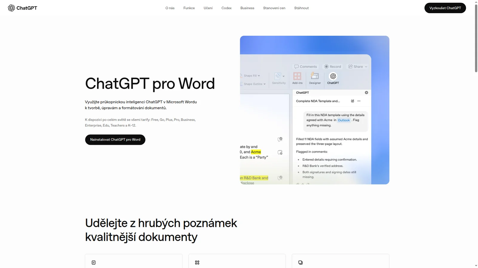 Oficiální stránka doplňku ChatGPT pro Word v češtině s tlačítkem Nainstalovat ChatGPT pro Word