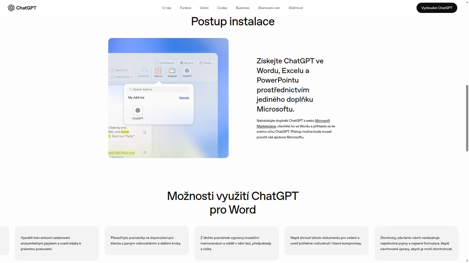 Sekce Postup instalace na oficiální stránce doplňku s odkazem na Microsoft Marketplace