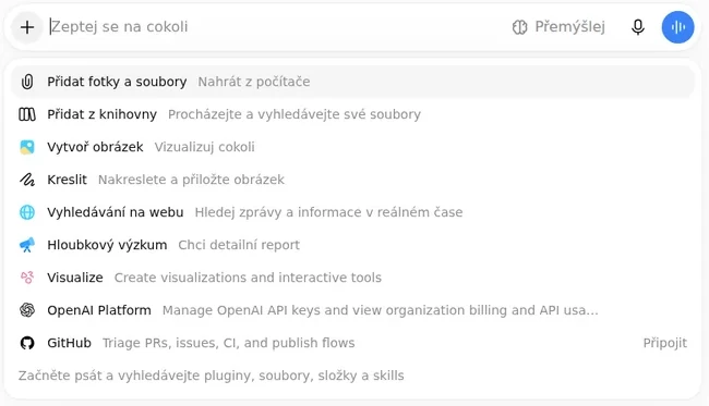 Nabídka tlačítka plus v ChatGPT s volbami Přidat fotky a soubory a Visualize